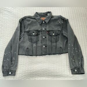 Levis Jacket cropped Women L Gray Trucker  Denim White Paint Splatter [A-51]
